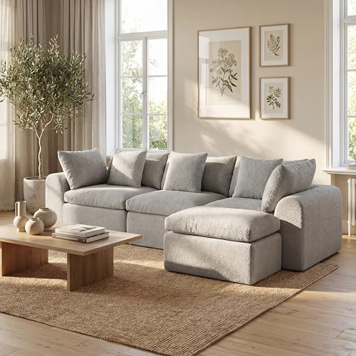 DEZAGCE XXL 275 cm Schlafsofa L-Form – Cloud-Velours Couch 4-Sitzer, ultraweich & riesig, mit Ottomane Links/rechts, freistehend, sofort nutzbar ohne Montage, Luxus Lounge Sofa Wohnzimmer (Grau)