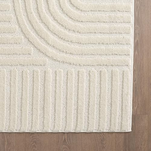 KADIMA DESIGN Moderner 3D Teppich Skandinavischer Boho Weich Kuschelig Angenehm Waschbar Strapazierfähig Hochwertig 8mm Flor Rund Creme 200x200 cm Schlafzimmer Esszimmer Schadstoffgeprüft | RIGI