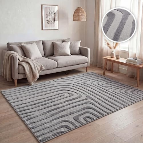 Paco Home Kurzflor Teppich Wohnzimmer, Moderne geometrisch abstrakte Muster, 3D-Effekt, Klassisch Skandi Stil, Unicolor einfarbig grau, Grösse:120x160 cm