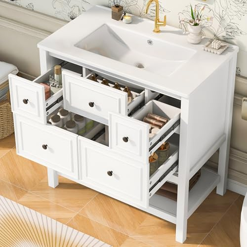 Easexcy Mueble bajo lavabo blanco con lavabo de cerámica, 76 cm, mueble de baño independiente con 5 cajones y estante abierto para baño de casa y aseo de invitados