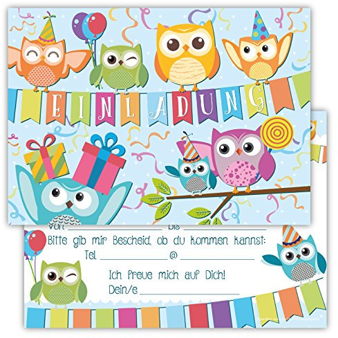Einladungskarten für Kindergeburtstage für Jungen oder Mädchen (Eulen, 12 Stück im Kartenset)