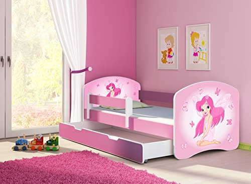 CLAMARO 'Fantasia Pink' 160 x 80 Kinderbett Set inkl. Matratze, Lattenrost und mit Bettkasten Schublade, mit verstellbarem Rausfallschutz und Kantenschutzleisten, Design: 07 Pinke Fee