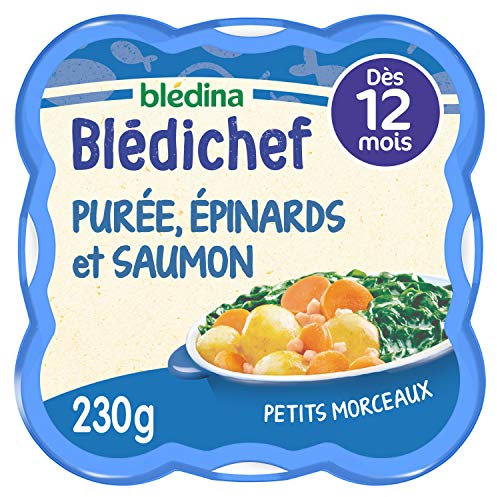 Blédina - Blédichef - Repas Bébé 12 Mois - 9 Plats Purée Epinards Saumon - Petits Morceaux - 100% Ingrédients d'Origine Naturelle - Dès 12 Mois - 9 Assiettes de 230g