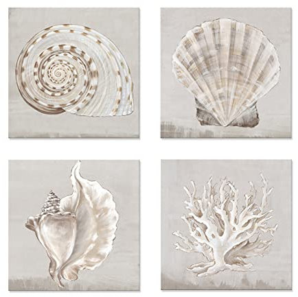 JAPO ART PI Creative Art Wandbilder mit weißen Muscheln, moderne Meereslandschaft auf Leinwand, Vintage-Giclée-Druck auf Leinwand von PI Creative Art, EVA-Watt, 30.5x30.5x4 Stück)