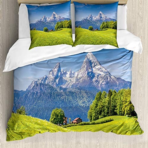 ABAKUHAUS Berg Bettwäsche Set für Doppelbetten, Alpen mit Wiese Flora, Weicher Microfaserstoff Allegigeignet kein Verblassen, Grün blau