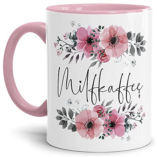 Tasse mit Spruch - MilfKaffee Tasse - Motivtasse mit Blumenmotiv - Geschenkidee - Keramiktasse Innen & Henkel Rosa, 300ml