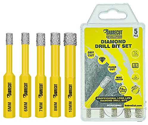 5 x SabreCut SCRDDB002 5mm, 6mm, 7mm, 8mm & 10mm Quick Change Long Life Self-Cooling Self Sharpening Diamond Drill Bits For Cement Porcelain Granite Marble Compatible with Bosch Dewalt and Others
