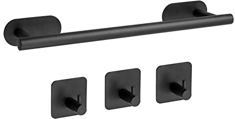 JiGiU Handtuchhalter Ohne Bohren 40CM Bad Handtuchstange aus 304 Edelstahl inkl. 3 Handtuchhaken Selbstklebend Badetuchhalter Set Wandmontage Rostfrei für Badezimmer Küche (Schwarz)