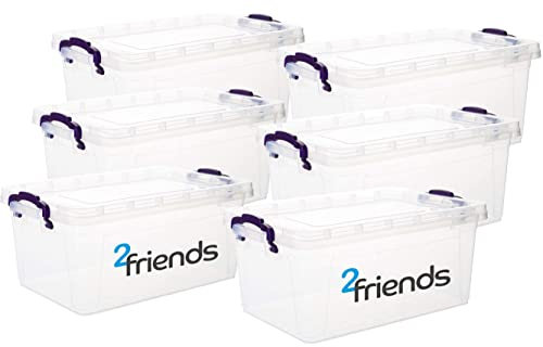 Aufbewahrungsbox mit Deckel, 6 Stück Aufbewahrungsboxen, 22 Liter Boxen Aufbewahrung, Transparent Plastikbox mit Deckel, Made in EU, Model: Mia, Kisten Aufbewahrung mit Deckel und lila Griffen