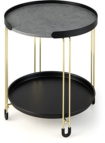 CASART Round Side Table, 2 Tiers Sofa End Tables Modern Accent Table with Removable Tray, Metal Frame Compact Coffee Tea Tables for Living Room Bedroom Office