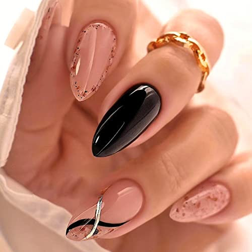 Almond False Nails Short, 24Pcs Nude Color Press on Nails French Stick on Nails with Designs, Polka Dots Glossy Acrylic Fake Nails Black Full Cover Glue on Nails for Women Girls