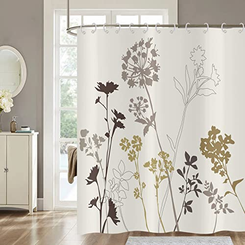 Hnmdmyi Rideau de Douche Fleurs 180x200, Silhouette Pissenlit Rideau de Douche Beige Marron Gris Plante Botanique Vintage Rideau de Baignoire Imperméable Polyester Tissu Lavable Rideau de Bain