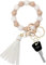 Silikon-Schlüsselanhänger für Damen, elastisches Perlenarmband, Schlüsselhalter mit Zirkon und Quaste, als Muttertagsgeschenk, Braun/Perlmutt, Einheitsgröße