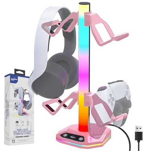 auvstar RGB Headset Halterung,Gaming Kopfhörer Ständer,10 Beleuchtungsmodi,USB Type-C Datenübertragung und Geräteverbindungsaufladung,Geeignet für alle Headset Gamecontroller (Rosa)