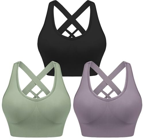 Leversic Sport BH Damen Push up, Sports Bra Ohne Bügel Sport BH Rückenfrei, mit Breiten Trägern für Besseren Halt und Unterstützung, 3PCS-Schwarz+Grün+Violett, M