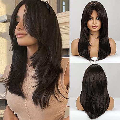 UEVIES Synthetische Perücke, schwarz, gerade, mit Pony, natürliche, echt aussehende Perücke, lange gestufte Perücken für Frauen, 16 Zoll, Cosplay, Party für den täglichen Gebrauch