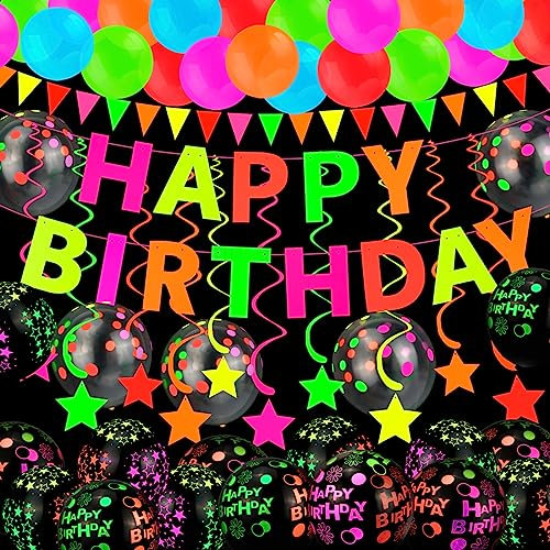 HOWAF Decorazioni Compleanno Fluo Palloncini Fluo Palloncini Luminosi Palloncini Compleanno Neon UV Palloncini Fluorescenti al Buio Striscione Buon Compleanno Banner Spirale Accessori Fluo Party