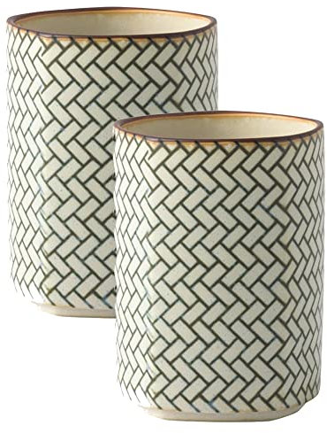 IPPINKA Japanese Porcelain Yunomi Tea Cup - Mino Ware - Set of 2 - Komon Pattern - Made in Japan