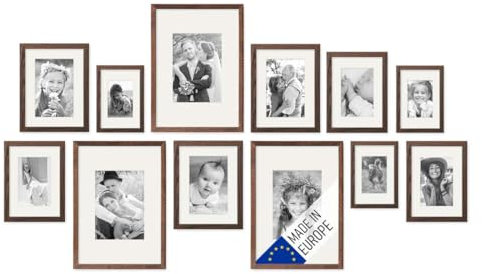 PHOTOLINI Echtholz-Bilderrahmen-Set mit Passepartout, 12er Rahmenset, Eiche Dunkel, Holzrahmen Made in EU, bruchsicheres Acrylglas, zum Aufhängen, extra Zubehör - für Fotos & Bilder