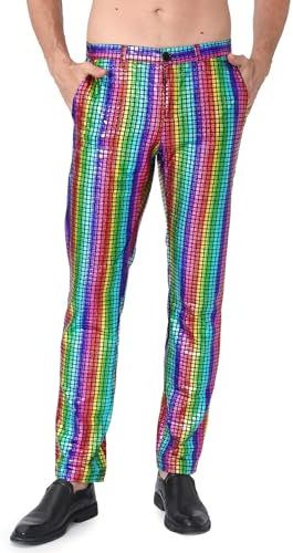 COSAVOROCK Herren 70er Jahre Disco Hose Metallic Glänzend Hosen, Mehrfarbig, 38W
