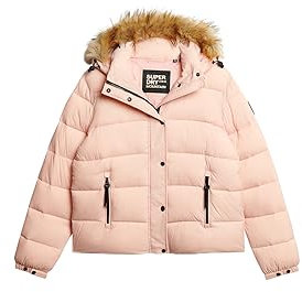Superdry Damen Kurze Pufferjacke mit Kapuze und Kunstfellbesatz Helles Pink 40