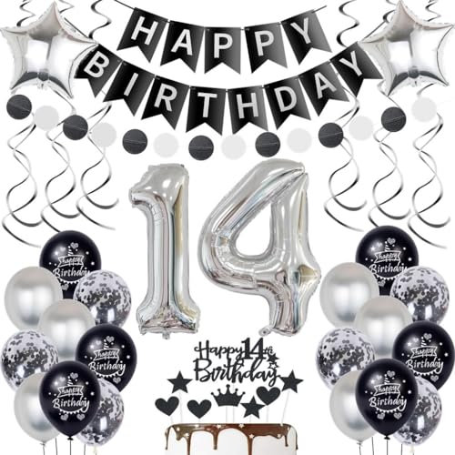 Silber 14. Geburtstag Dekoration Luftballon für Junge und Mädchen - Schwarz Ballon Deko Set mit Tortendeko