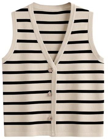 LILLUSORY Vest Tops for Women 2026 Spring Striped Sweaters Button Up Summer Business Casual Outfits Womens Blouses Jackets Fashion Clothes Sleeveless V Neck Tops Apricot Black M