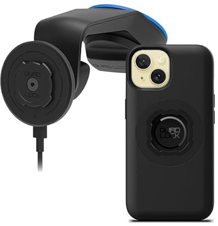QUAD LOCK Soporte de Ventosa para Teléfono de Coche para Parabrisas/Salpicadero con Cabezal de Carga Inalámbrica mag V2 y Funda mag para iPhone 15