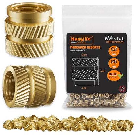 HANGLIFE Insertos Roscados de Ajuste Térmico, M4 Insertos de Tuercas para Componentes de Impresión 3D y Piezas de Plástico - Tuercas Moleteadas Métricas de Latón (100 Piezas)