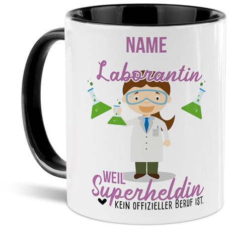 Tassendruck Berufe-Tasse mit Name personalisiert - Laborantin weil Superheldin kein Beruf ist - Geschenk für Kollegin zum Geburtstag | Personalisierte Geschenke, Innen & Henkel Schwarz, 300 ml