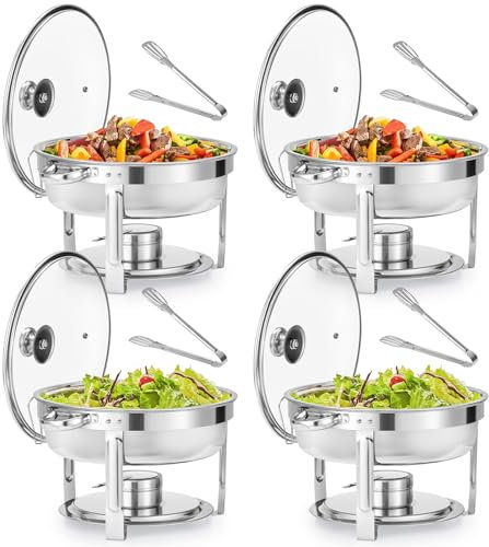 WILPREP Chafing Dish Buffet Set, 4 Pack 5.5L Round Chafers for Catering with Glass Lid & Lid Holder Water Food Pan, Stainless Steel Food Warmers