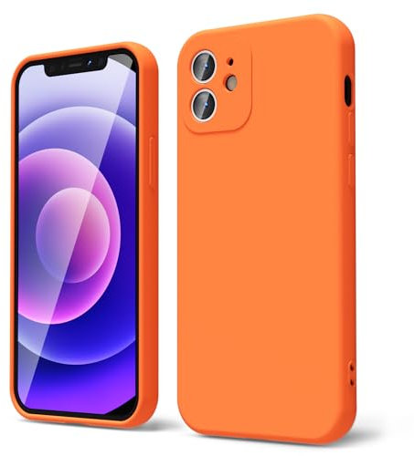 oakxco for iPhone 12 Mini Case Liquid Silicone, Fluorescent Bright Solid Color, Soft Rubber Gel Elegant Aesthetic Cover, Thin Slim TPU Matte Plain Smooth Case for Women Girl Cute, Neon Orange
