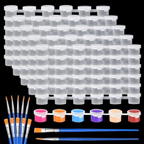 Sixfolo 180 Botes/30 Tiras Botes para Pintura Vacio 3ml Mini Recipientes de Pintura Vacío con Tapas Tiras de Pintura Vacías de Plástico Transparente con 10 Pinceles para Aulas Escuelas Pinturas