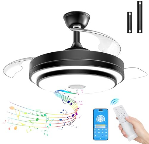 FIMEI 42,13'' Ventilatore da soffitto con luce, Ventilatore da soffitto con pale retrattili con audio Bluetooth, telecomando e app, 6 velocità reversibili e 3 temperature di colore