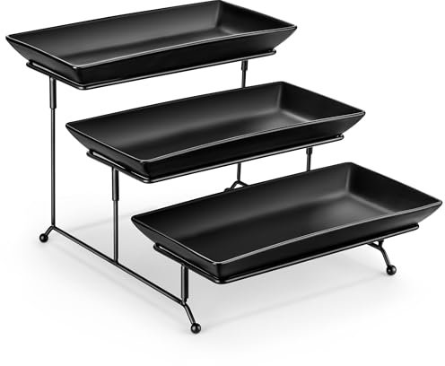 MALACASA 3 Tier Serving Platter, 12 Inch Porcelain Cake Stand with Black Mental Display Stand for Party Supplies, Ceramics Rectangular Serving Dishes for Dessert, Fruit, Cookies, Sushi, Black