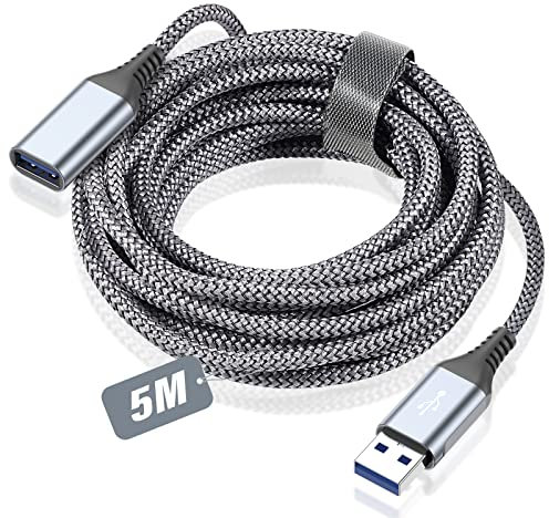 sweguard Cable alargador USB 3.0 de 5 m, cable alargador USB A macho a hembra de nailon, cable USB de 5 Gbps, muy rápido para lector de tarjetas, teclado, impresora, escáner, cámara, hubs-gris