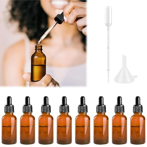 Cutiolly Flacon Compte Gouttes,Bouteille Compte Goutte,Flacon Compte Goutte Vide,pour Huile Essentielle (10ml-8pcs+paille en plastique 1pcs+entonnoir 1pc)