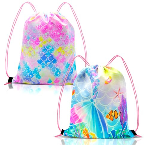 YONEEKSS Meerjungfrauen-Taschen mit Kordelzug für Kinder, rosa Cartoon-Rucksack, Kordelzug, wasserdicht, Sport, Fitnessstudio, PE-Beutel für Reisen, Schwimmen, Party, Picknick, 2 Stück, rose, One size