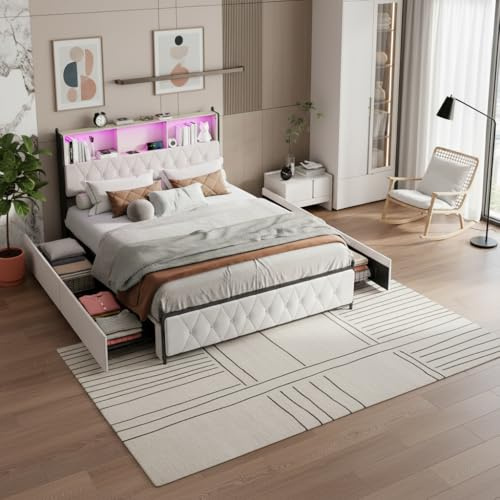 Polsterbett Doppelbett 160 x 200,Bett mit Bettkasten, Holz Stauraumbett,Funktionsbett mit Kopfteil, LED Doppelbett mit Aufbewahrung, Bett für Erwachsene (Beige, 160 x 200)