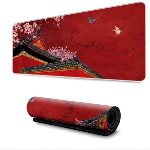 Surwin Tapis de Souris XXL, Tapis Souris Gaming Style Chinois Tapis de Souris de Jeu Mouse Mat Lavable Grand sous Main Bureau avec Base Antidérapante (400x900mm,Style Chinois)