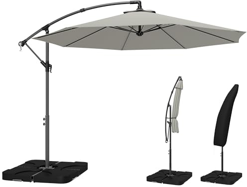 Outsunny 3(m) Garden Banana Parasol Cantilever Umbrella with Crank Handle, Cross Base, Weights and Cover for Outdoor, Hanging Sun Shade, Light Grey