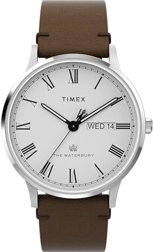 Timex Waterbury Herren-Armbanduhr, 40 mm, braunes Lederarmband, weißes Zifferblatt, Edelstahlgehäuse TW2Y29500