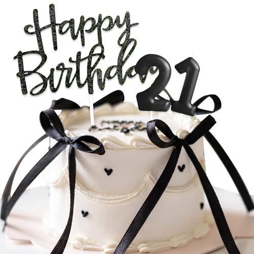 Happy Birthday Tortendeko mit Satinband und Geburtstagskerzen Zahl 21·, Kuchen Deko 20 Geburtstag Mädchen Junge Schwarze Geburtstagsfeier Dekoration