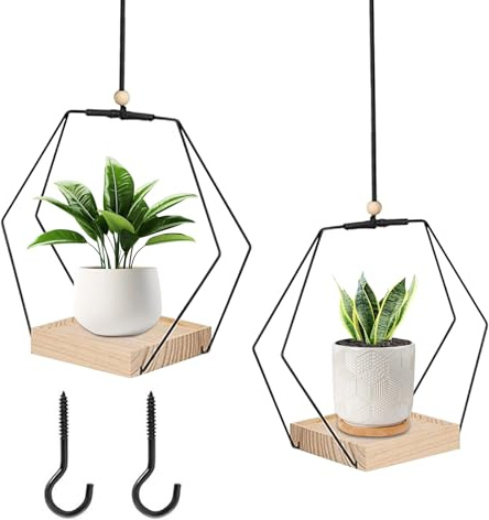 2 stuck Blumenampel Blumentopf Hängend Indoor/Outdoor - Metall Hängetopf mit Holzsockel,Pflanzenampel mit 80cm Verstellbare Baumwollschnur,Wetterfester Blumentopf für Zimmerpflanzen,Sukkulenten & Deko