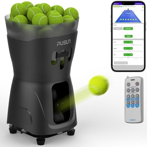 Machine à balles de tennis PT-Mini Pro - Lanceur de balles automatique professionnel avec télécommande, contrôle intelligent par application, 65+ entonnoir à balle, alimentation par batterie,