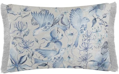 Voyage Maison Floella Feather Filled Cushion – Watercolour Floral Damask Bird Botanical Décor (Blue - 40x60cm)