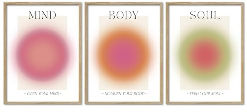 ARTFAVES® Poster Set - Aura Trio - 3-teilige Bildercollage Wohnzimmer, Schlafzimmer - moderne Wandbilder Affirmationen, Achtsamkeit, mind body soul - 30x40 cm - mit Rahmen Eiche