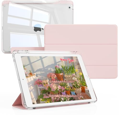 KTGGHG Clear Case for iPad 9th/8dth/7th Generation 10.2 Inch, Pink | Slim Cover with Transparent PC Back, Soft PU, Shockproof TPU Frame, Tri-fold Stand Case, Auto Wake/Sleep