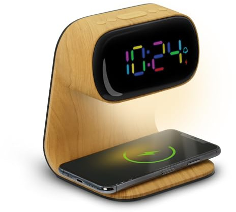 mooov Réveil Affichage Multicouleur Liseuse avec Chargeur Induction 15W - Alimenattion Secteur- Effet Bois