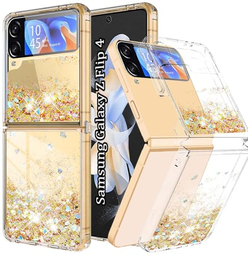 Yutwo Hülle für Samsung Galaxy Z Flip 4 5G, Glitzer Treibsand Silikon Stoßfest Samsung Z Flip 4 5G Handyhülle Transparent TPU Bumper Schutzhülle Quicksand Case,Gold
